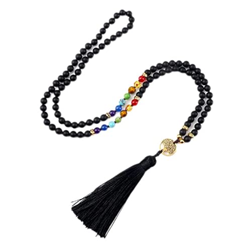 Collar de piedra de ágata morada natural para mujeres y niñas, 7 chakras, reiki, 108 cuentas de Japamala Mala anudadas, collar largo, joyería, negro mate