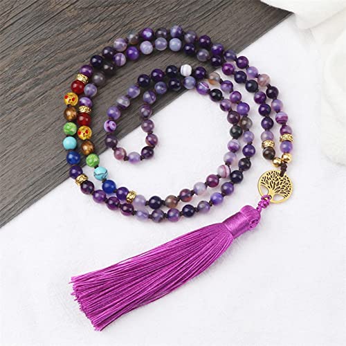 Collar de piedra de ágata morada natural para mujeres y niñas, 7 chakras, reiki, 108 cuentas de Japamala Mala anudadas, collar largo, joyería, negro mate