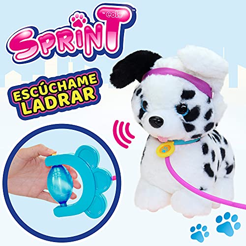 COLORBABY 46677, Dálmata de peluche, SPRINT, Correa con bomba de aire, Perrito juguete con sonido, Levanta orejas y colita, Peluches que andan, A partir de 18 meses, Incluye pilas, Regalo para niños