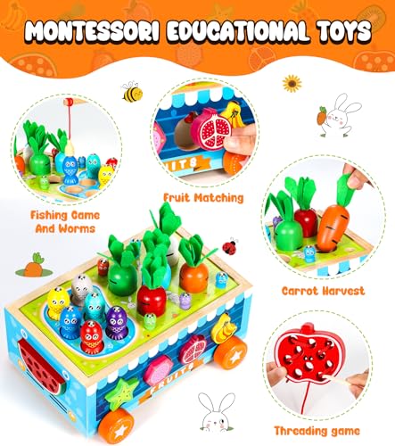 COOLJOYA Juguetes Montessori Madera Niños 2 3 4 Aiños | Juego para enhebrar Cuentas de Madera con Frutas | Magneticos con Juego de Pescar | Montessori Educativo para Niños 2 3 4 Años