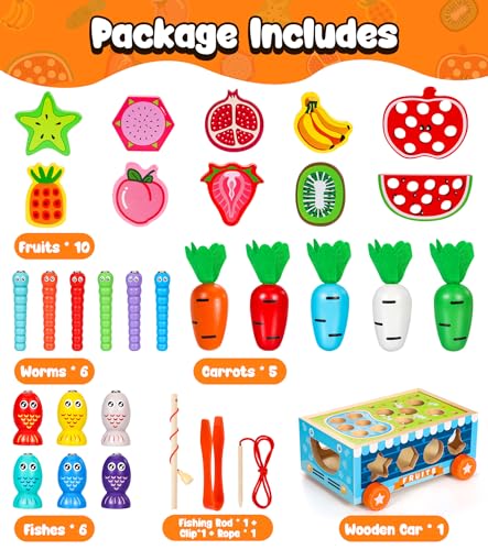 COOLJOYA Juguetes Montessori Madera Niños 2 3 4 Aiños | Juego para enhebrar Cuentas de Madera con Frutas | Magneticos con Juego de Pescar | Montessori Educativo para Niños 2 3 4 Años