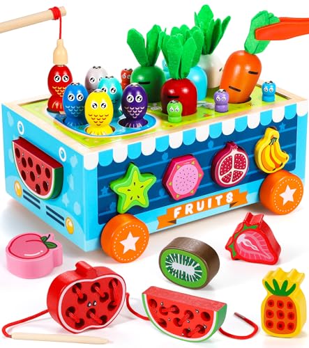 COOLJOYA Juguetes Montessori Madera Niños 2 3 4 Aiños | Juego para enhebrar Cuentas de Madera con Frutas | Magneticos con Juego de Pescar | Montessori Educativo para Niños 2 3 4 Años