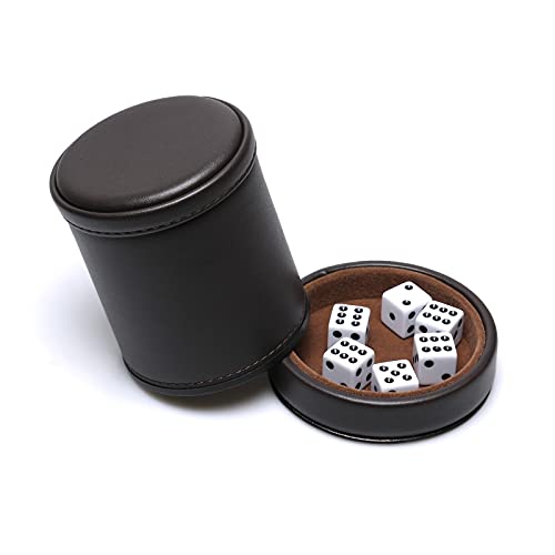 Copa de dados de piel sintética con tapa a juego, incluye 6 dados, con forro de fieltro, juego silencioso en temblor para mentirosos, juegos de dados Farkle Yahtzee