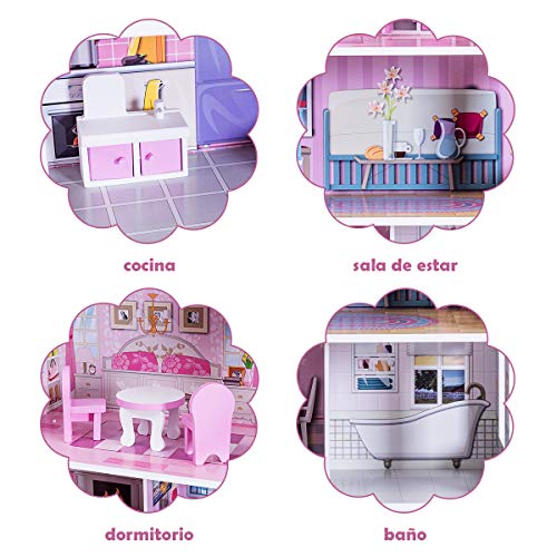 COSTWAY Casa de Muñecas de Madera con Accesorios para Niña Juego de Roles Educativo Juguete Color Rosa