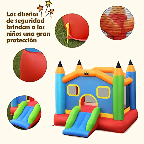 COSTWAY Castillo Hinchable con Tobogán para Niños 273x273x228cm Centro de Juego con Kit de Reparación y Bolsa de Transporte para Parque Patio Jardín (Sin Soplador)