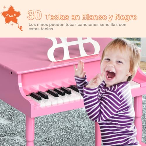 COSTWAY Piano Clásico Infantil de 30 Teclas, Piano de Juguete con Banco, Instrumento Musical de Aprendizaje para Niños con Soporte para Partituras, Patas de Madera, para Niños de 3 a 8 Años (Rosa)