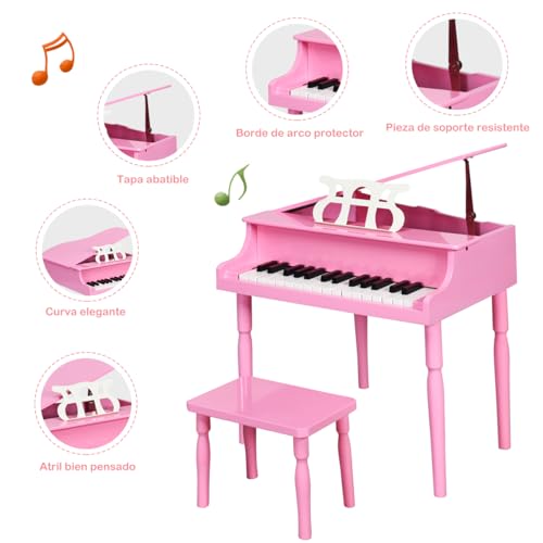 COSTWAY Piano Clásico Infantil de 30 Teclas, Piano de Juguete con Banco, Instrumento Musical de Aprendizaje para Niños con Soporte para Partituras, Patas de Madera, para Niños de 3 a 8 Años (Rosa)