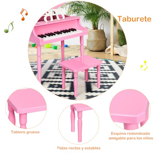 COSTWAY Piano Clásico Infantil de 30 Teclas, Piano de Juguete con Banco, Instrumento Musical de Aprendizaje para Niños con Soporte para Partituras, Patas de Madera, para Niños de 3 a 8 Años (Rosa)