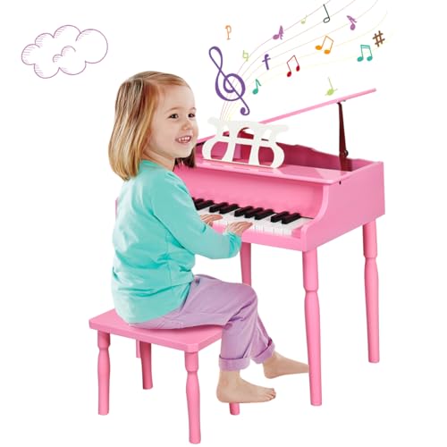 COSTWAY Piano Clásico Infantil de 30 Teclas, Piano de Juguete con Banco, Instrumento Musical de Aprendizaje para Niños con Soporte para Partituras, Patas de Madera, para Niños de 3 a 8 Años (Rosa)