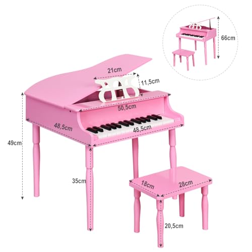 COSTWAY Piano Clásico Infantil de 30 Teclas, Piano de Juguete con Banco, Instrumento Musical de Aprendizaje para Niños con Soporte para Partituras, Patas de Madera, para Niños de 3 a 8 Años (Rosa)