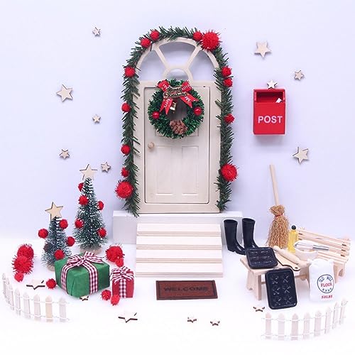 CRGANGZY Accesorios de puerta de gnomo de Navidad, 27 piezas de madera, mini juegos de puerta de gnomo con árbol de Navidad, muebles de casa de muñecas en miniatura, ambiente festivo, decoración de