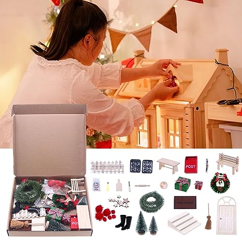 CRGANGZY Accesorios de puerta de gnomo de Navidad, 27 piezas de madera, mini juegos de puerta de gnomo con árbol de Navidad, muebles de casa de muñecas en miniatura, ambiente festivo, decoración de