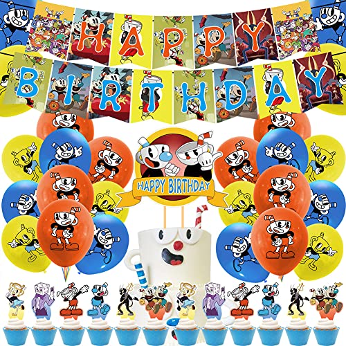 Cuphead Palloncini Decorazione,34PCS Cuphead Compleanno Palloncini, Cuphead Addobbi Festa Compleanno Striscioni Di Buon Compleanno Decorazione Per Torta Palloncino Per Bambini Feste Di Forniture