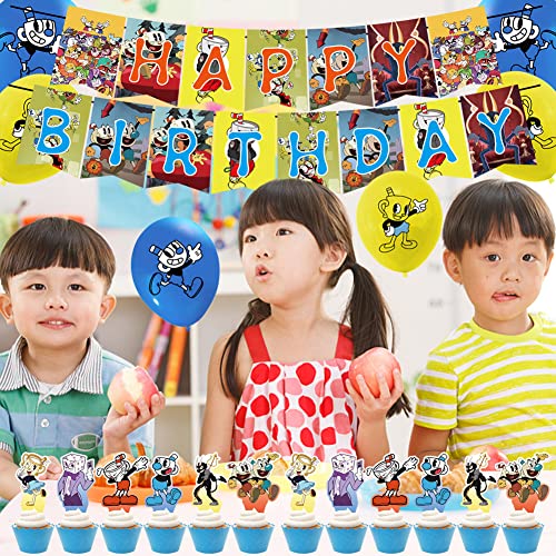 Cuphead Palloncini Decorazione,34PCS Cuphead Compleanno Palloncini, Cuphead Addobbi Festa Compleanno Striscioni Di Buon Compleanno Decorazione Per Torta Palloncino Per Bambini Feste Di Forniture