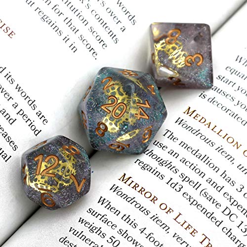 Cusdie DND - Juego de dados poliédricos rellenos de engranajes para mazmorras y dragones jugando dados DND (galaxia con engranajes dorados)