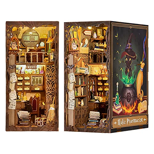 CUTEBEE DIY Book Nook Kit - Casa de muñecas en Miniatura de Madera con Muebles y Luces LED, Decoración de inserción de estantería Creativa,Magic Pharmacist