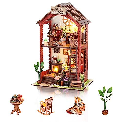 Cuteefun Mini Casa de Muñecas Bricolaje con Muebles, Hacer su Propio Modelo de Casa de Artesanía, Artesanía Artesanal Regalo de Cumpleaños Acción de Gracias Navidad (Librería Mágica)