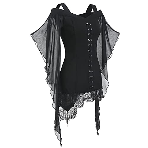 Dasongff - Ropa gótica para mujer, Halloween, disfraz de bruja, tops medievales, cosplay, manga de trompeta, talla imperio, traje medieval, para mujer, corto, con cordón, túnica top negro