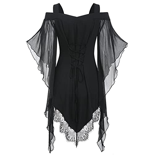 Dasongff - Ropa gótica para mujer, Halloween, disfraz de bruja, tops medievales, cosplay, manga de trompeta, talla imperio, traje medieval, para mujer, corto, con cordón, túnica top negro