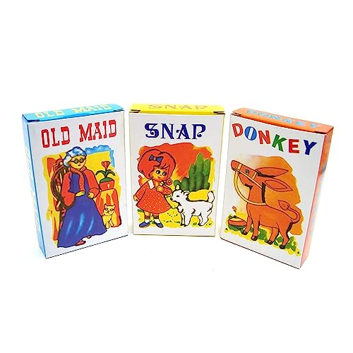 D.A.Y. Republic Paquete de 3 barajas de juegos de cartas clásicos tradicionales para niños, Old Maid, Donkey and Snap, ideal para viajes y juegos familiares (3 juegos de cartas clásicos para niños)