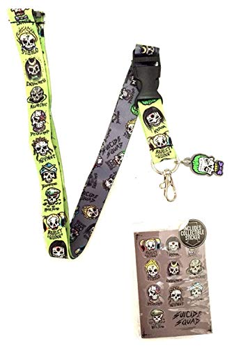 DC Comics Suicide Squad Team Skulls Reversible Breakaway Keychain Lanyard with ID Holder, Joker Rubber Charm and Collectible Sticker by DC Comics