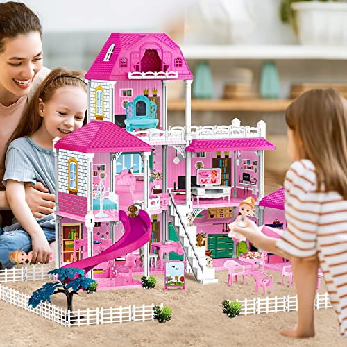 deAO Casa de Muñecas, 3-stöckige Grande Dreamhouse (83 * 52 * 63cm) con Accesorios 2 Muñecas, 4 Figuras Perros Miniatura, Muebles, Toboganes, Casita de muñecas para niñas(Dollhouse Plastico)