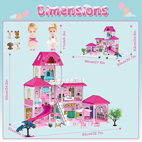 deAO Casa de Muñecas, 3-stöckige Grande Dreamhouse (83 * 52 * 63cm) con Accesorios 2 Muñecas, 4 Figuras Perros Miniatura, Muebles, Toboganes, Casita de muñecas para niñas(Dollhouse Plastico)