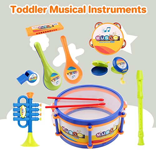 deAO Instrumentos Musicales de Aire y Percusión Juego Infantil Incluye Tambor, Trompeta, Flauta, Harmónica y Más Instrumentos de con Efectos Sonoros Variados para Niños y Niñas