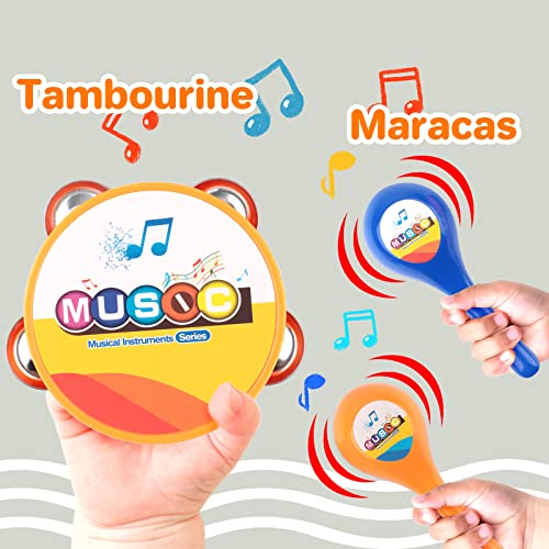 deAO Instrumentos Musicales de Aire y Percusión Juego Infantil Incluye Tambor, Trompeta, Flauta, Harmónica y Más Instrumentos de con Efectos Sonoros Variados para Niños y Niñas