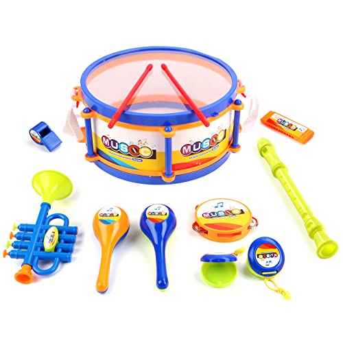 deAO Instrumentos Musicales de Aire y Percusión Juego Infantil Incluye Tambor, Trompeta, Flauta, Harmónica y Más Instrumentos de con Efectos Sonoros Variados para Niños y Niñas