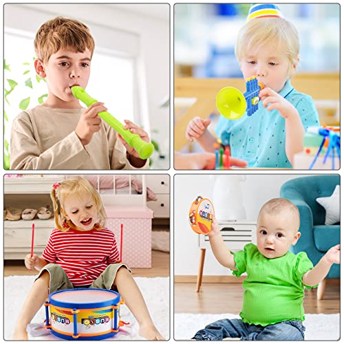 deAO Instrumentos Musicales de Aire y Percusión Juego Infantil Incluye Tambor, Trompeta, Flauta, Harmónica y Más Instrumentos de con Efectos Sonoros Variados para Niños y Niñas