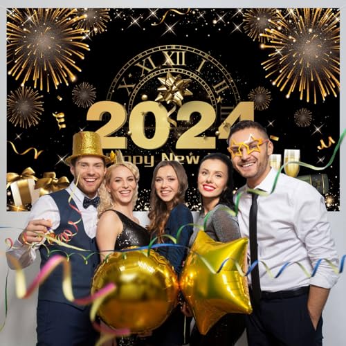 Decoracion Banner Fin De Año 2024, Tela Extra Grande Telón de Fondo de Feliz Año Nuevo para Adornos, 72 x 44 Pulgadas Negro Oro Fuegos Artificiales Fondo de Cabina de Fotos Bandera para New Year's Eve