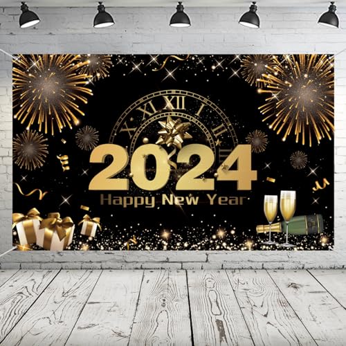 Decoracion Banner Fin De Año 2024, Tela Extra Grande Telón de Fondo de Feliz Año Nuevo para Adornos, 72 x 44 Pulgadas Negro Oro Fuegos Artificiales Fondo de Cabina de Fotos Bandera para New Year's Eve