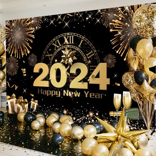 Decoracion Banner Fin De Año 2024, Tela Extra Grande Telón de Fondo de Feliz Año Nuevo para Adornos, 72 x 44 Pulgadas Negro Oro Fuegos Artificiales Fondo de Cabina de Fotos Bandera para New Year's Eve