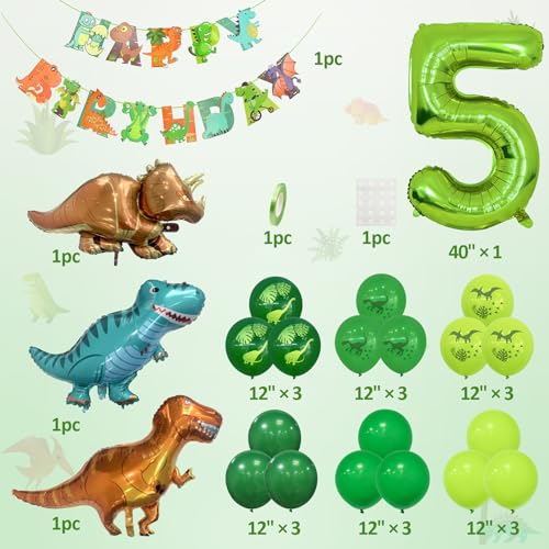 Decoración Cumpleaños Dino, 5 Año Niño Fiesta Cumpleaños Globos Número 5 Decoración Sitio Dinosaurio Jungla Animal Globos Números Verde Globo Helio Pancarta Feliz Cumpleaños Accesorios Fiestas