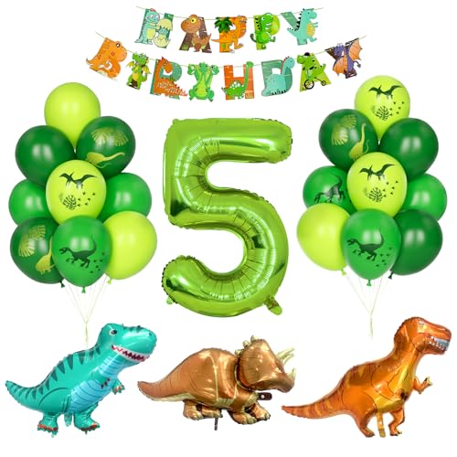 Decoración Cumpleaños Dino, 5 Año Niño Fiesta Cumpleaños Globos Número 5 Decoración Sitio Dinosaurio Jungla Animal Globos Números Verde Globo Helio Pancarta Feliz Cumpleaños Accesorios Fiestas