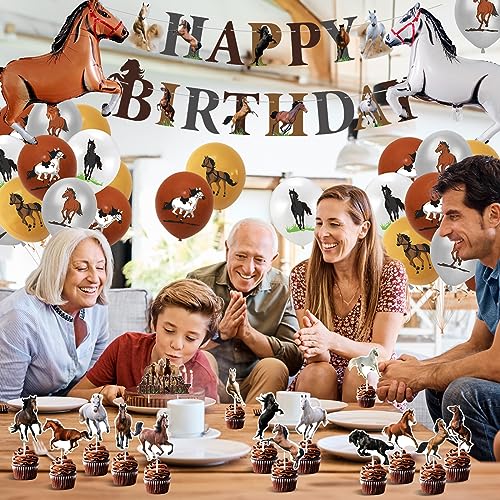 Decoracion de Cumpleaños de Caballos, Globo de Caballo Fiesta Temática con Happy Birthday Pancarta, Adornos para Tarta de Caballos y Globos de Caballos para Cumpleaños de Niños