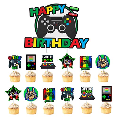 Decoración para Tartas de Video Game, 13 Piezas Decoración para Tartas Cumpleaños con "Happy Birthday", Decoración para Fiestas de Cumpleaños de Niños y Niñas