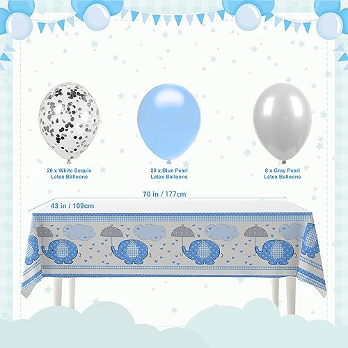 Decoraciones de baby shower para niño, juego de platos y servilletas, suministros de fiesta de baby shower con 48 globos, decoraciones de baby shower de elefante azul para niños, 177 unidades