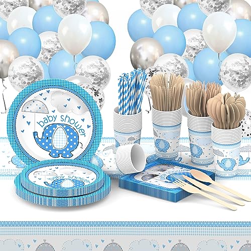 Decoraciones de baby shower para niño, juego de platos y servilletas, suministros de fiesta de baby shower con 48 globos, decoraciones de baby shower de elefante azul para niños, 177 unidades