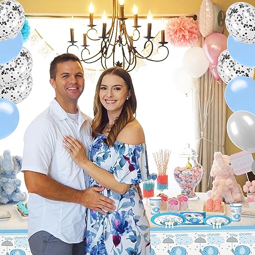 Decoraciones de baby shower para niño, juego de platos y servilletas, suministros de fiesta de baby shower con 48 globos, decoraciones de baby shower de elefante azul para niños, 177 unidades