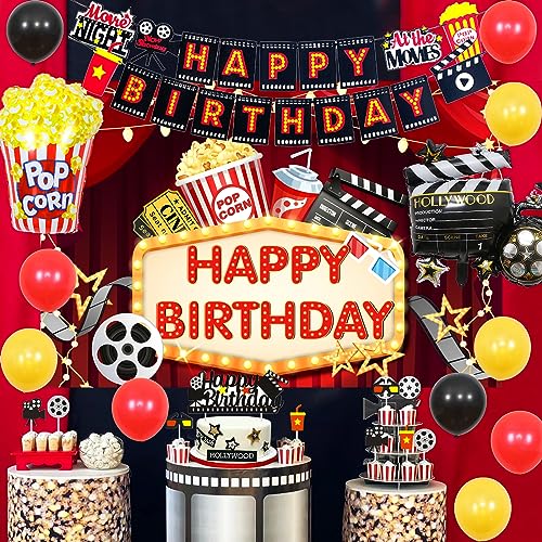 Decoraciones de cumpleaños de noche de película para niñas y niños, temática de noche de película, para interiores, exteriores, felices fiestas de cumpleaños, suministros de palomitas de maíz, cámara