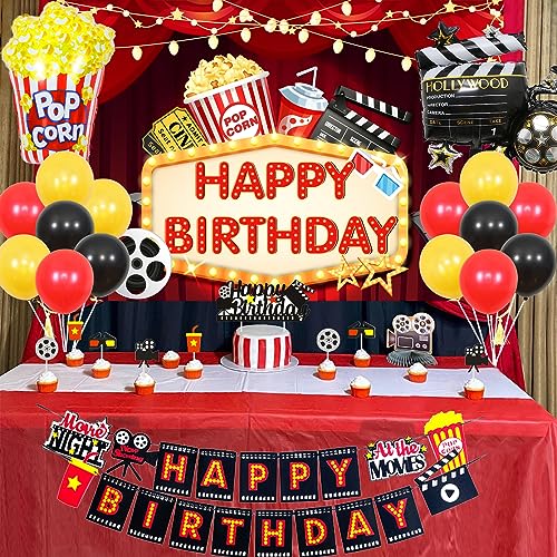 Decoraciones de cumpleaños de noche de película para niñas y niños, temática de noche de película, para interiores, exteriores, felices fiestas de cumpleaños, suministros de palomitas de maíz, cámara