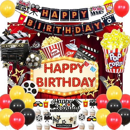 Decoraciones de cumpleaños de noche de película para niñas y niños, temática de noche de película, para interiores, exteriores, felices fiestas de cumpleaños, suministros de palomitas de maíz, cámara