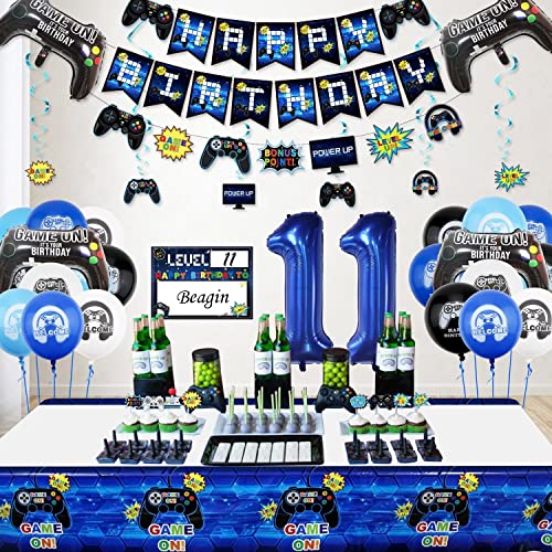 Decoraciones para Fiestas de Videojuegos, Banner Feliz Cumpleaños Globo de Mando de Videojuego Cartel Colgante Gaming, Cake Topper, Vela, Decoración de Fiesta para el 11º Cumpleaños de un Niño