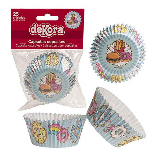 Dekora-339255 Capsulas Cupcakes con Diseño Fast Food-25 Unidades, Color azul claro (339255