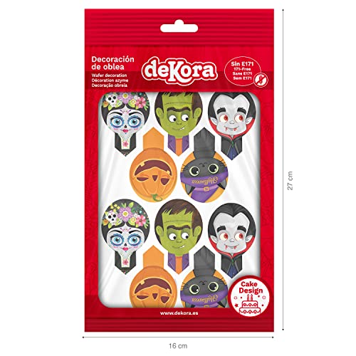 dekora Dekorapin Decoración Comestible para Tartas Cupcakes o Decoración Halloween Infantil 20 Obleas Comestibles Tamaño 6,5x4cm [Frankestein, Drácula, Gato Negro, Novia Cadaver, Calabaza], 135024