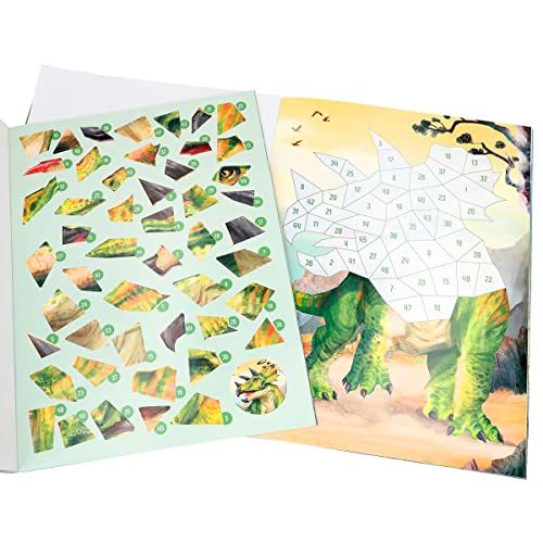 Depesche 12487 Dino World Number - Libro de pegatinas con 16 páginas para diseñar motivos de dinosaurios por números, incluye 8 hojas de pegatinas