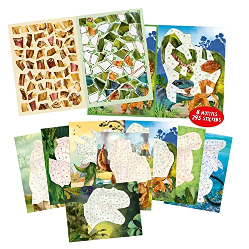 Depesche 12487 Dino World Number - Libro de pegatinas con 16 páginas para diseñar motivos de dinosaurios por números, incluye 8 hojas de pegatinas