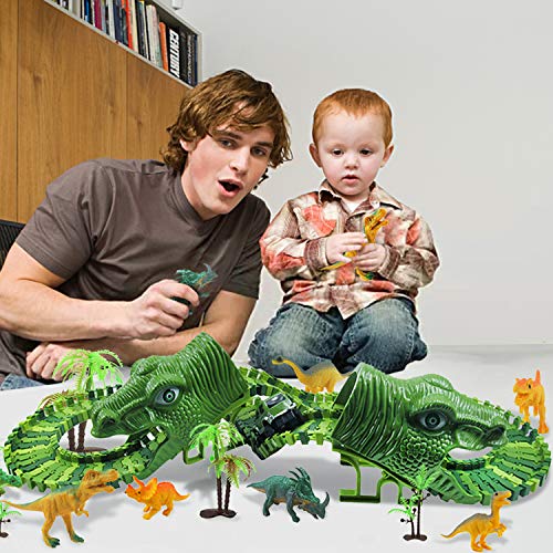 Diealles Shine Pista de Dinosaurios, 153 Piezas Dinosauri Pista, Flexible Pista Dinosaurio con 8 Dinosaurios Juguetes, Pista de Coches para Niños 3 4 5 6 Años Regalos